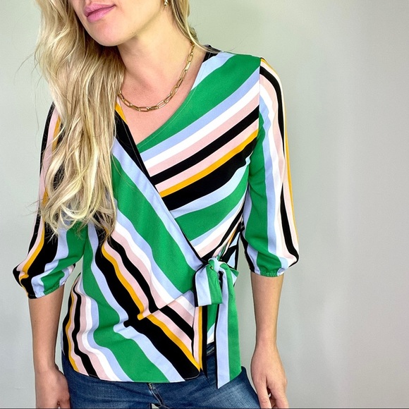 Bar III Tops - Bar III Green, Black, Blue, Yellow Striped Wrap Style Top New with Tags